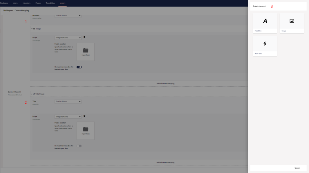 Mapping for a Block Grid (1) and a Block List (2) property, with the element picker (3)