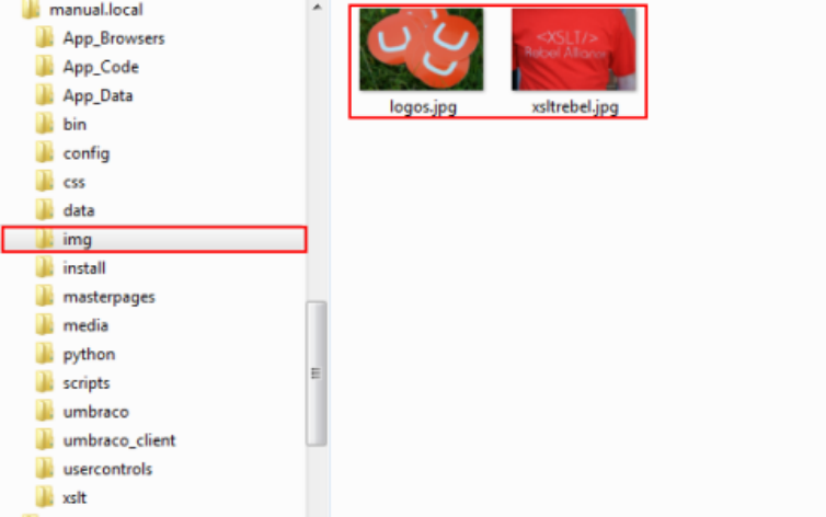 File explorer showing the img folder with two images copied into the site