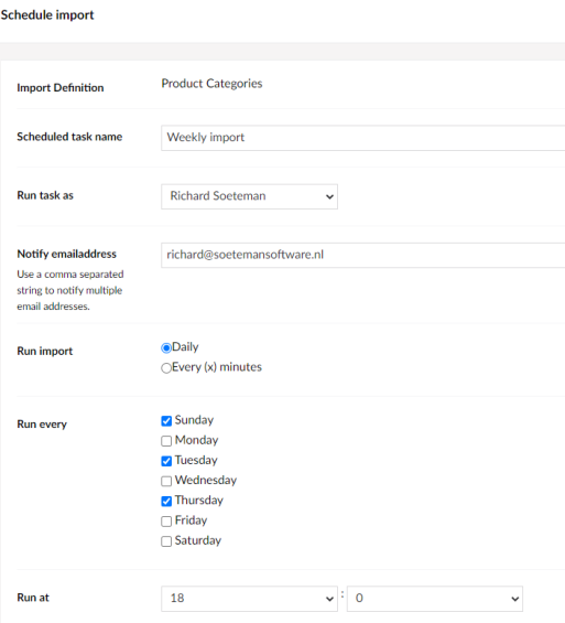 Actions menu of an import definition with Schedule