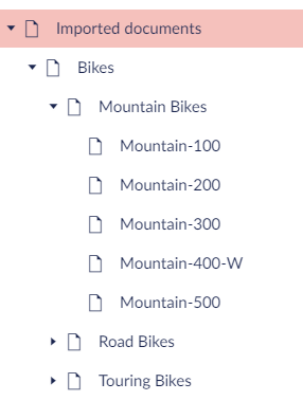 Content tree with imported categories and the products below them