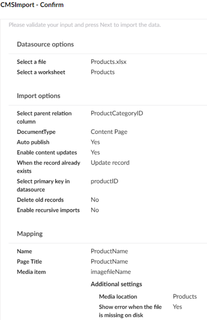 Confirm step with an overview of the selected options