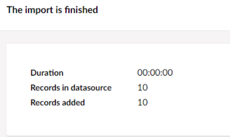 The import is finished: duration, records in data source and records added