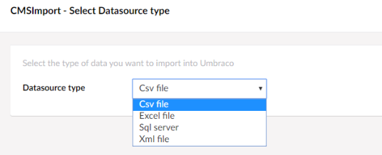 Data source type step with a drop-down of the available data source types