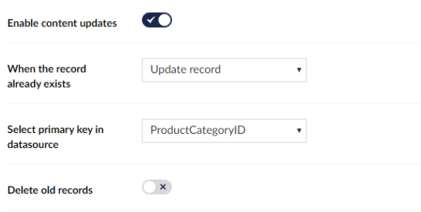 Update options: Enable content updates switched on, When the record already exists set to Update record, primary key ProductCategoryID