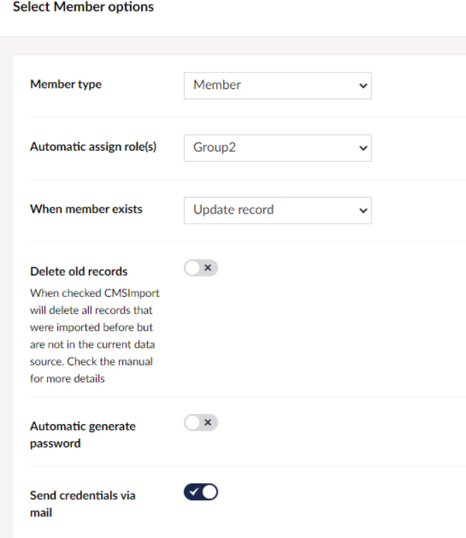 Select Member options step with Member type, Automatic assign role(s), When member exists, Delete old records, Automatic generate password and Send credentials via mail