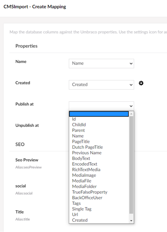 Mapping step with a drop-down of data source fields for each property