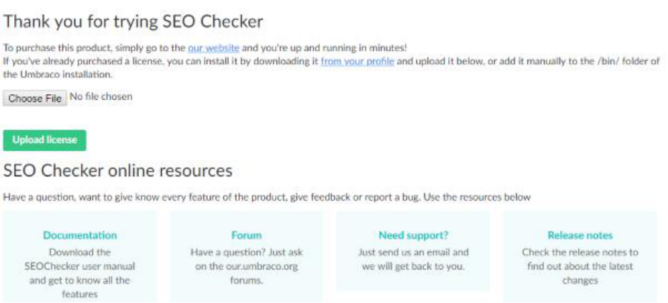 SEO Checker dashboard with the license upload field