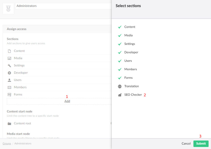 User group with the Select sections dialog and SEO Checker selected