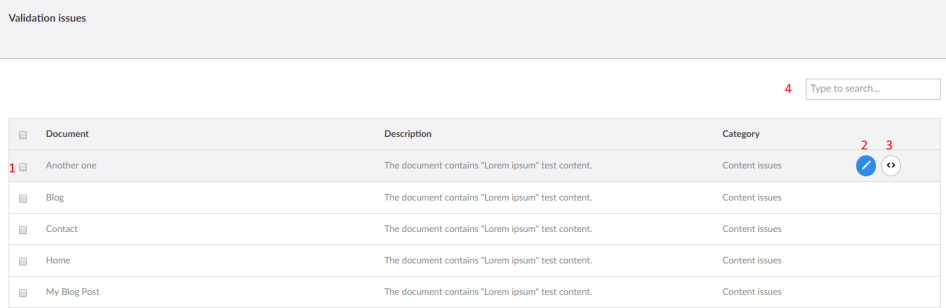 Validation issues overview with numbered controls