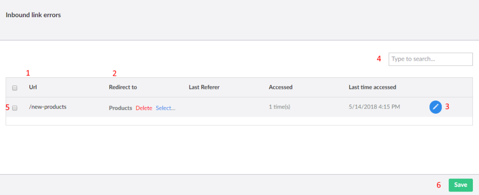 Inbound link errors overview with numbered controls
