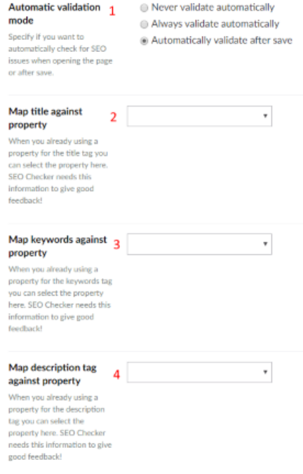 SEO Checker Data Type configuration with numbered settings