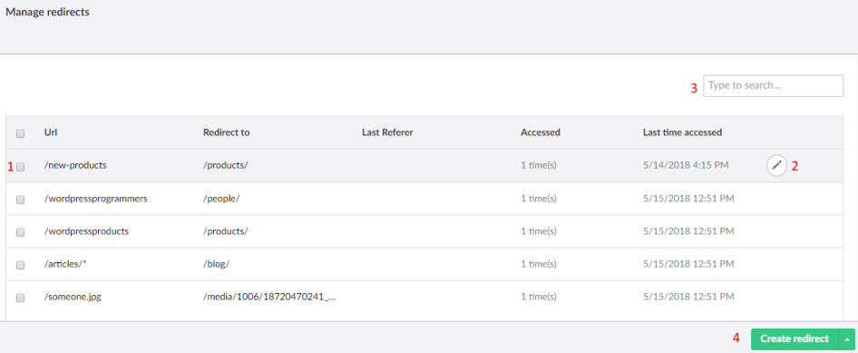 Manage redirects overview with numbered controls