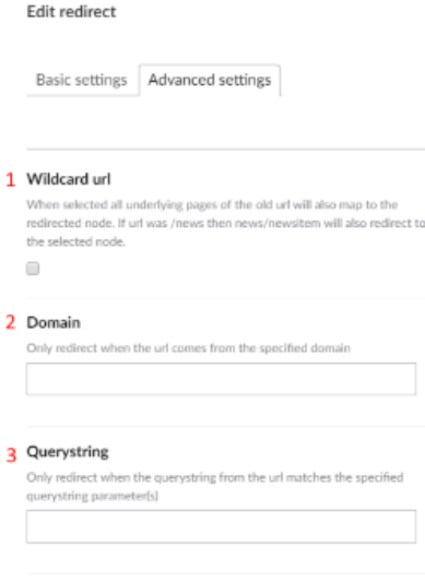 Advanced settings of a redirect