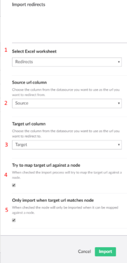 Import redirects dialog with numbered options