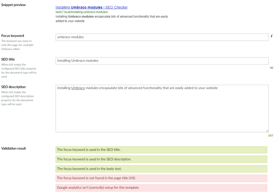 SEO Checker property with snippet preview, focus keyword, SEO title, SEO description and validation result